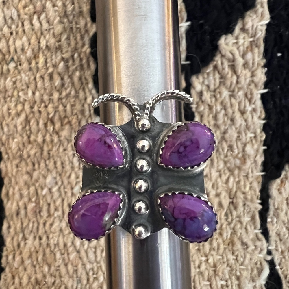❤️ Purple Dahlia Kingman Turquoise Butterfly Adjustable Sterling Ring 9.4 Gm - Picture 4 of 15